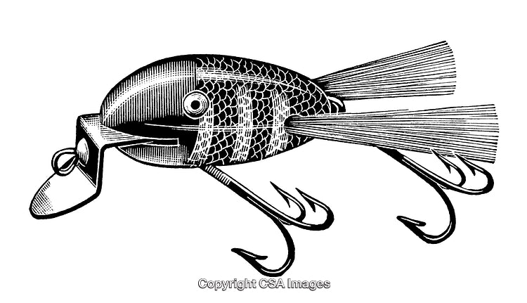 Detailed Black and White Engraving of a Fishing Lure with Hooks