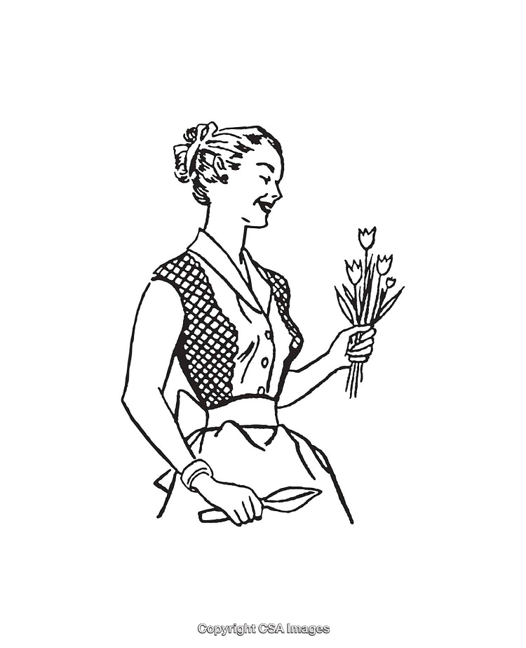 Vintage Black and White Illustration of a Woman Holding Flowers