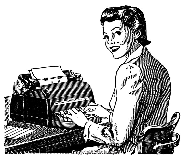 Vintage Black and White Illustration of a Woman Typing on Typewriter