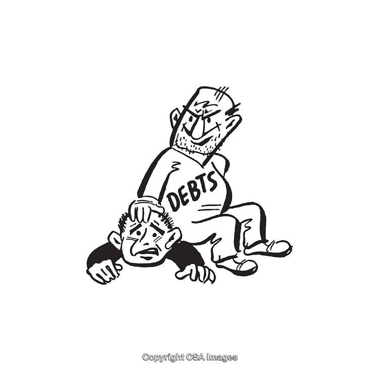 Black and White Illustration Depicting Debt Concept in a Humorous Style