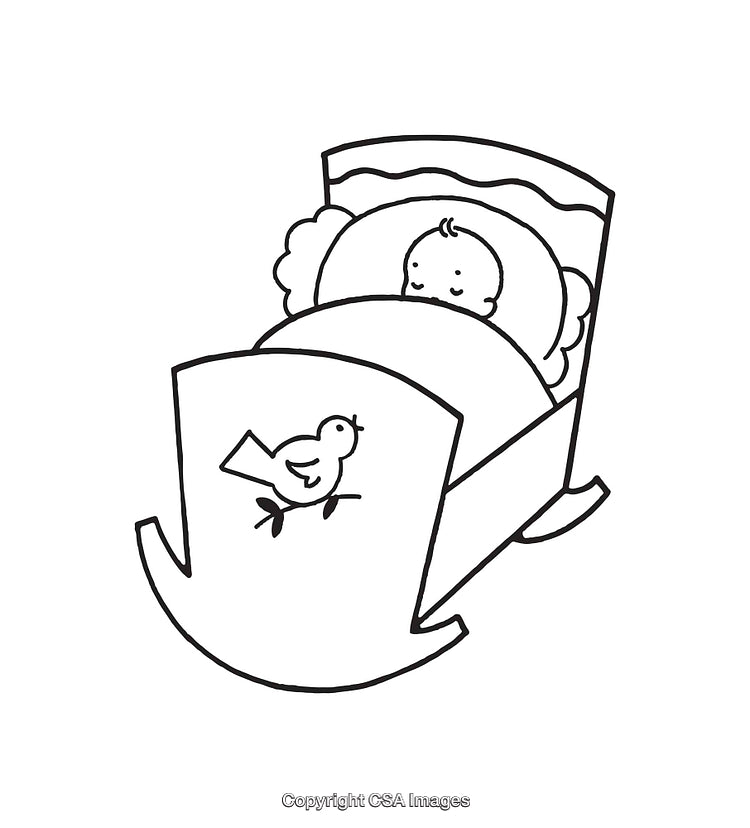Black and White Illustration of a Baby in a Rocking Cradle