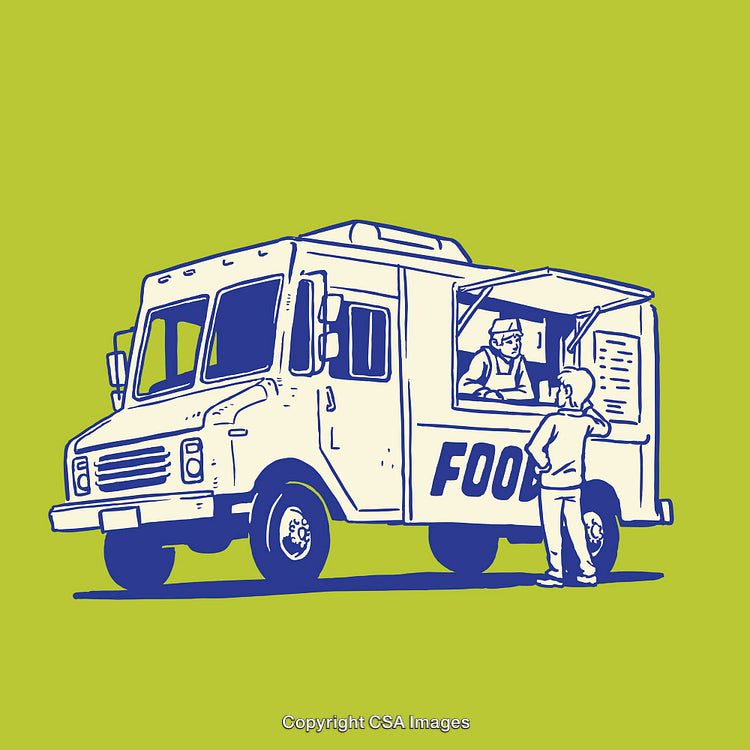 Color Line Art Illustration of a Food Truck Serving Customers