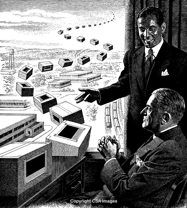 Retro Businessmen Conceptualizing Future with Computer Technology