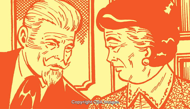 Vintage Illustration of an Elderly Couple in a Thoughtful Moment