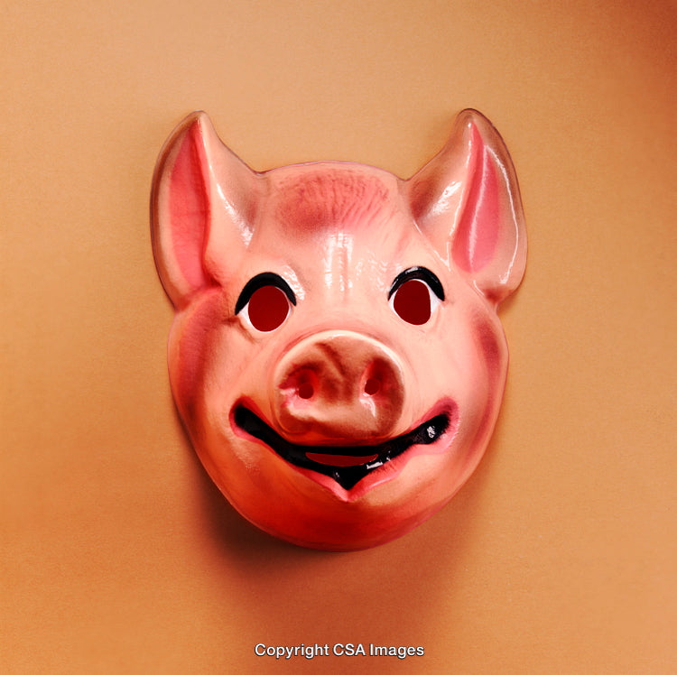 Colorful Plastic Pig Mask Against a Neutral Background with Expressive Design