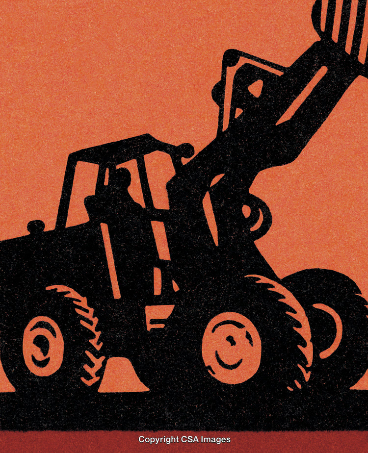 Silhouette of a Tractor Loader on an Orange Background in Stylized Design