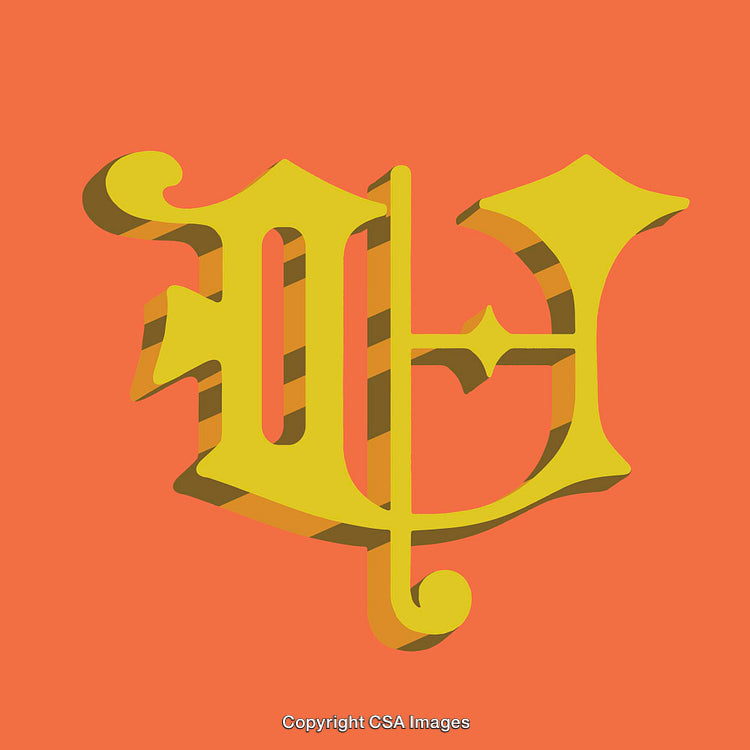 Gothic Style Yellow Letter U on Orange Background