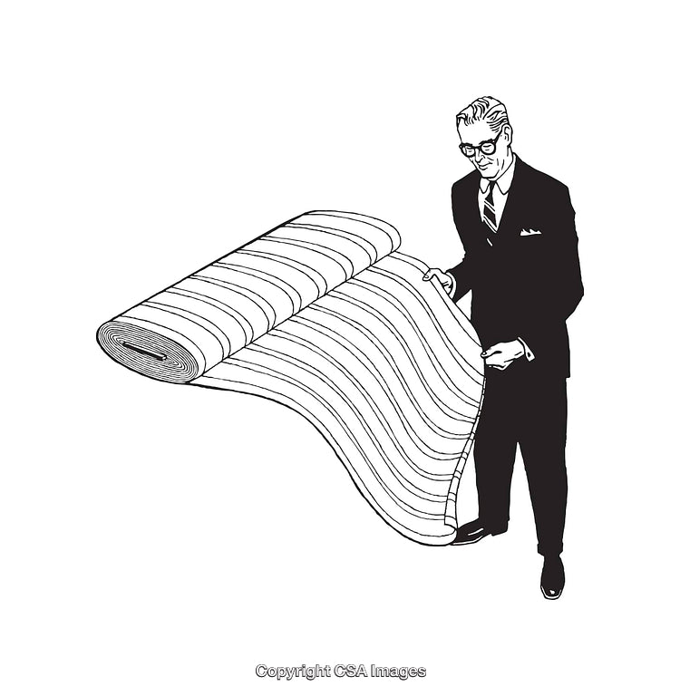 Vintage Line Art of a Man Displaying a Large Fabric Roll