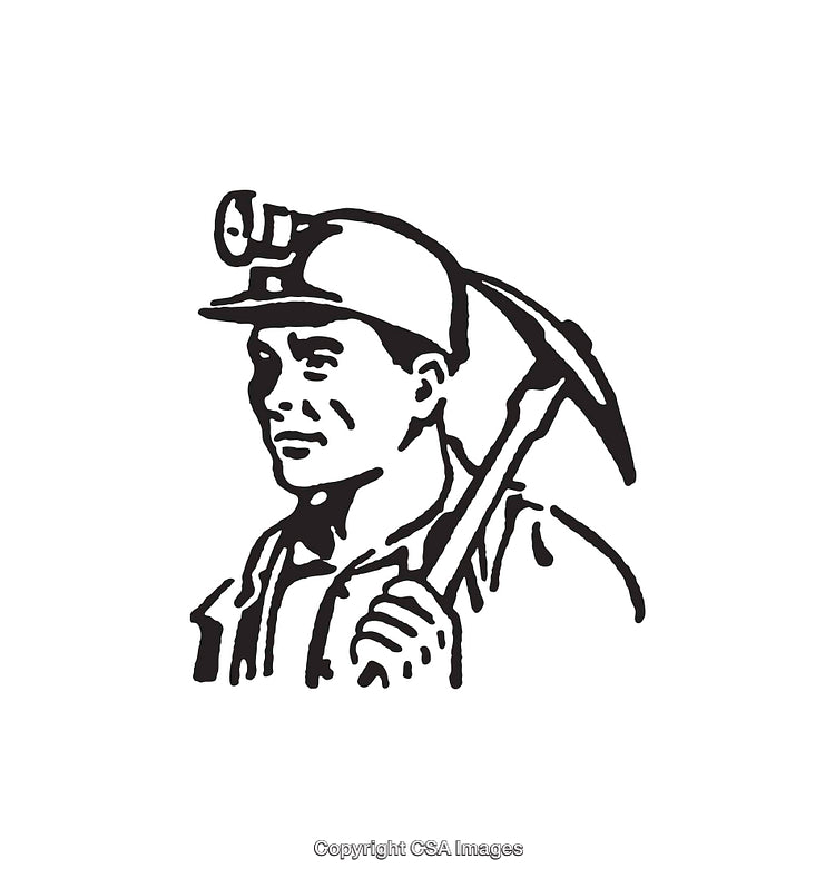 Black and White Illustration of a Miner With Tools and Safety Helmet