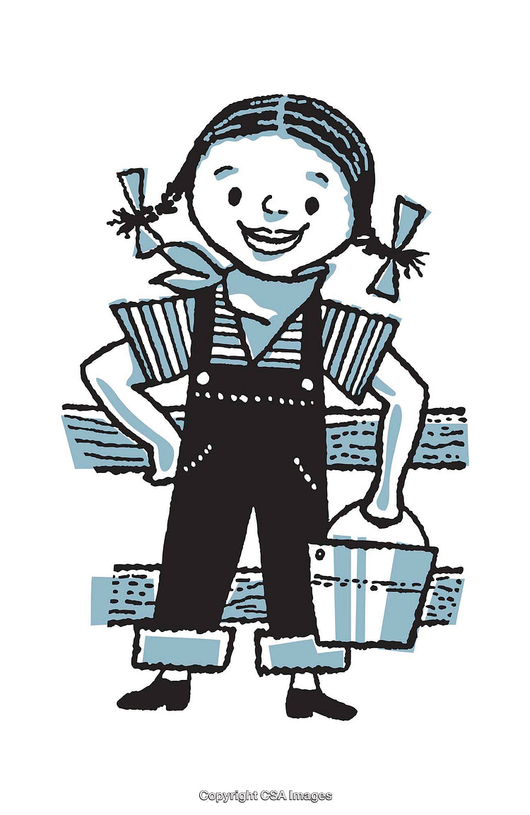 Vintage Cartoon Illustration of a Cheerful Girl in Overalls With a Bucket
