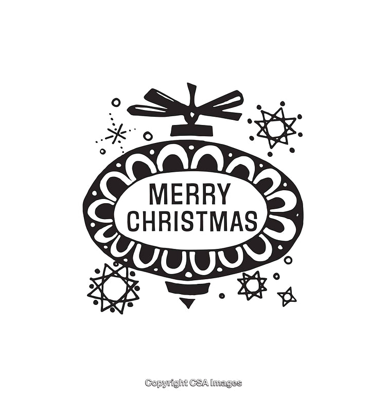 Black and White Line Art of a Decorative Merry Christmas Ornament Design