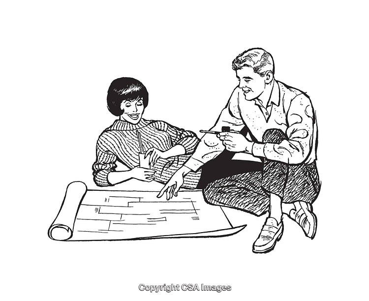 Illustration Depicting a Couple Analyzing Room Floor Plans Enthusiastically