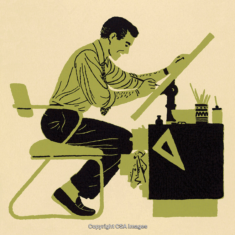 Illustration of a Draftsman at Work Using a Drawing Table and Tools