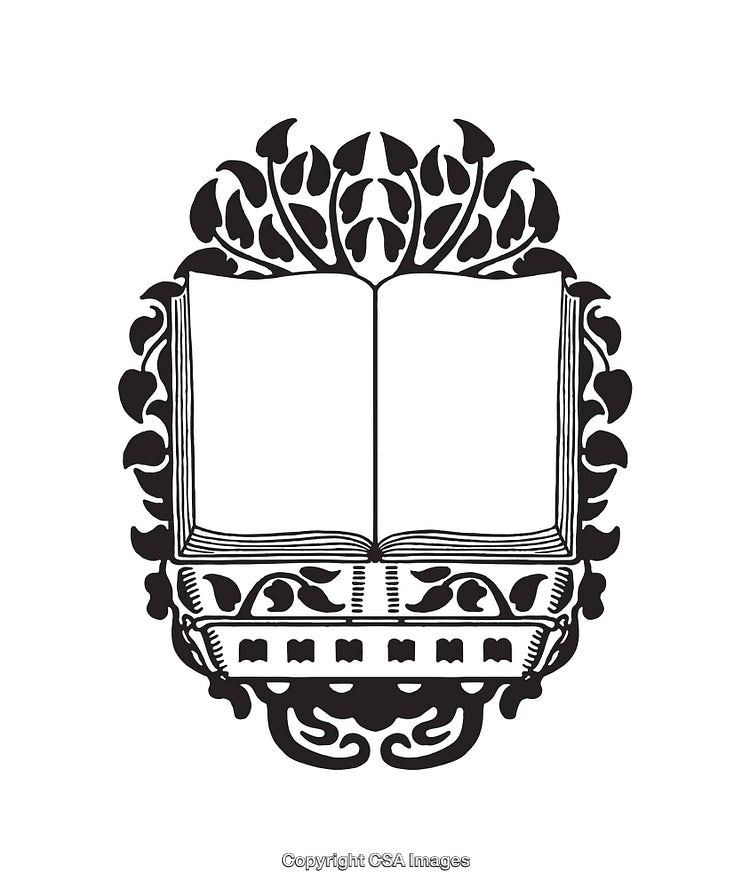 Ornate Black and White Line Art of Open Book Illustration