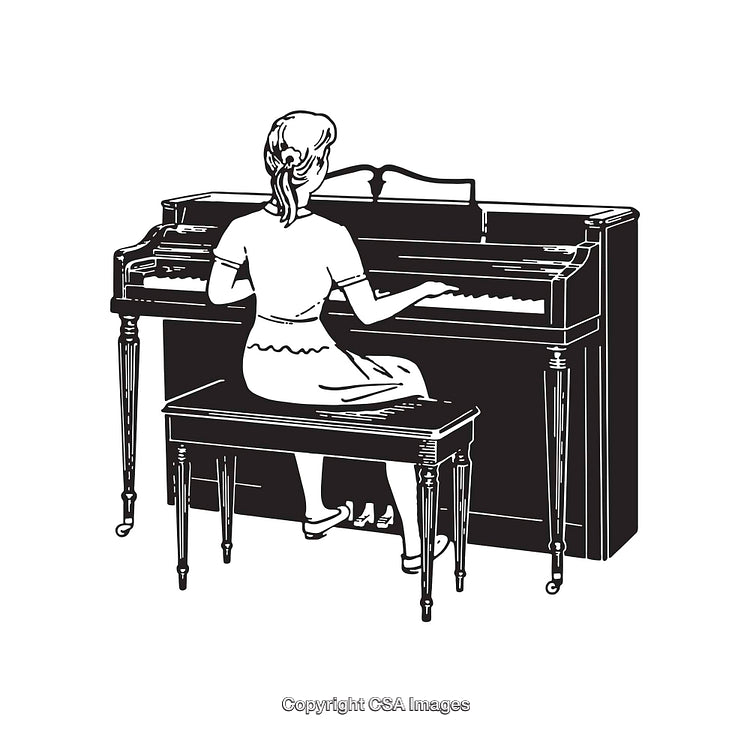 Black and White Line Art of a Woman Playing Piano in Retro Style