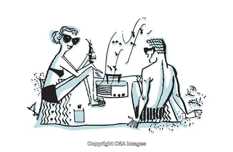 Stylish Beach Couple Relaxing with Drinks and Music Illustration
