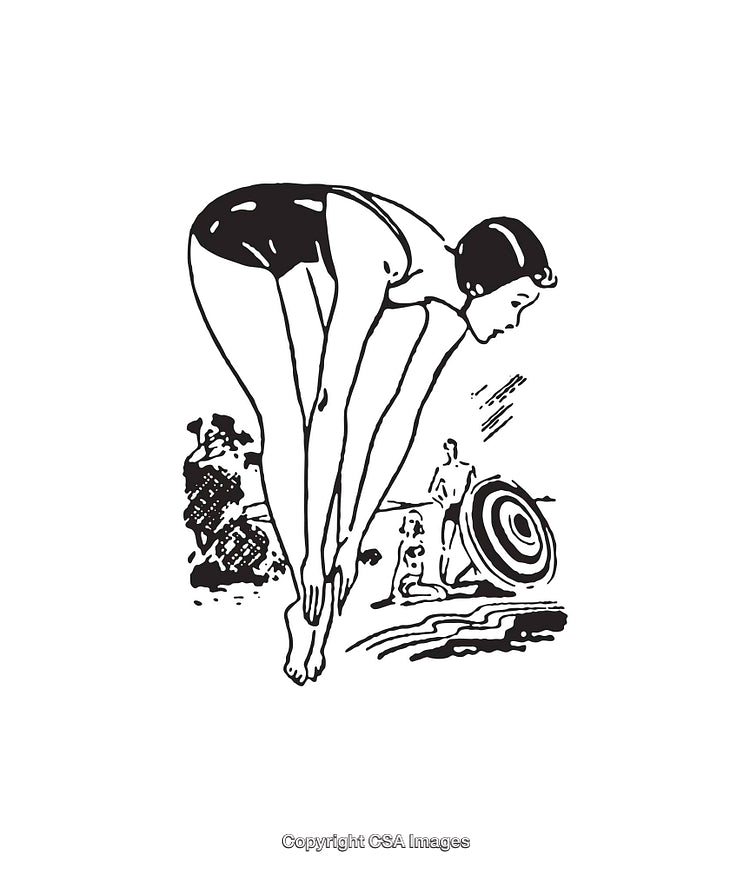 Black and White Line Art of a Diver Preparing at the Beach