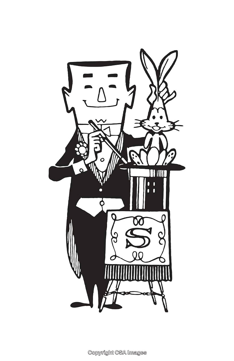 Magician Performing Classic Rabbit Hat Trick in Vintage Line Art