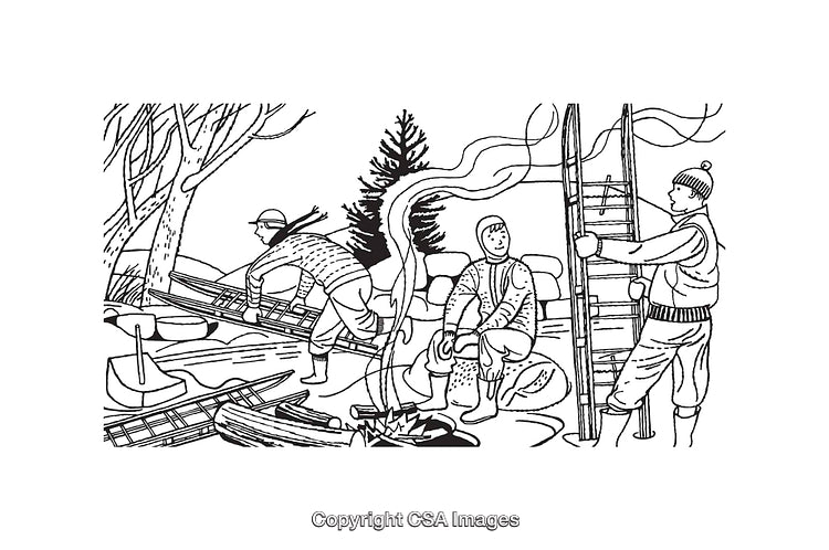 Rustic Outdoor Scene with Figures Engaging in Activities Around a Campfire