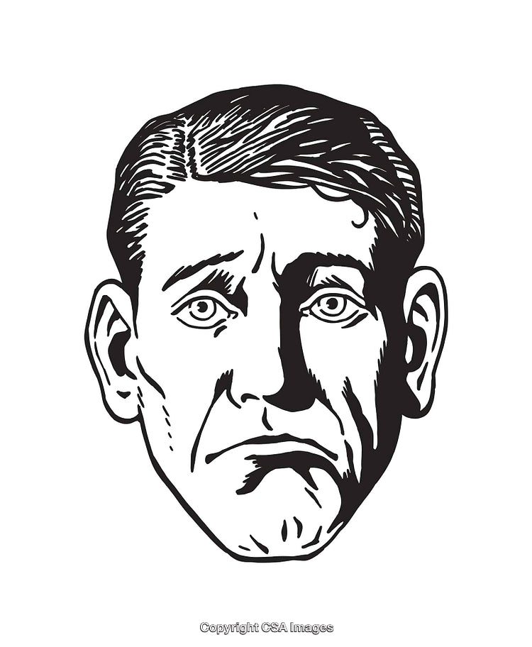 Black and White Line Art Illustration of a Reflective Male Expression