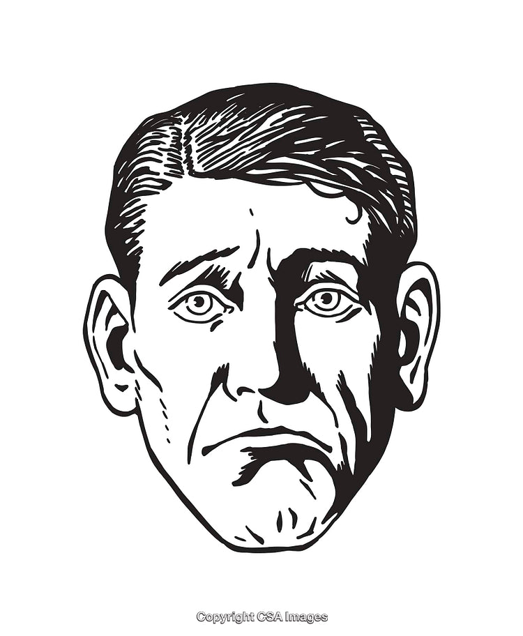 Black and White Line Art Illustration of a Reflective Male Expression