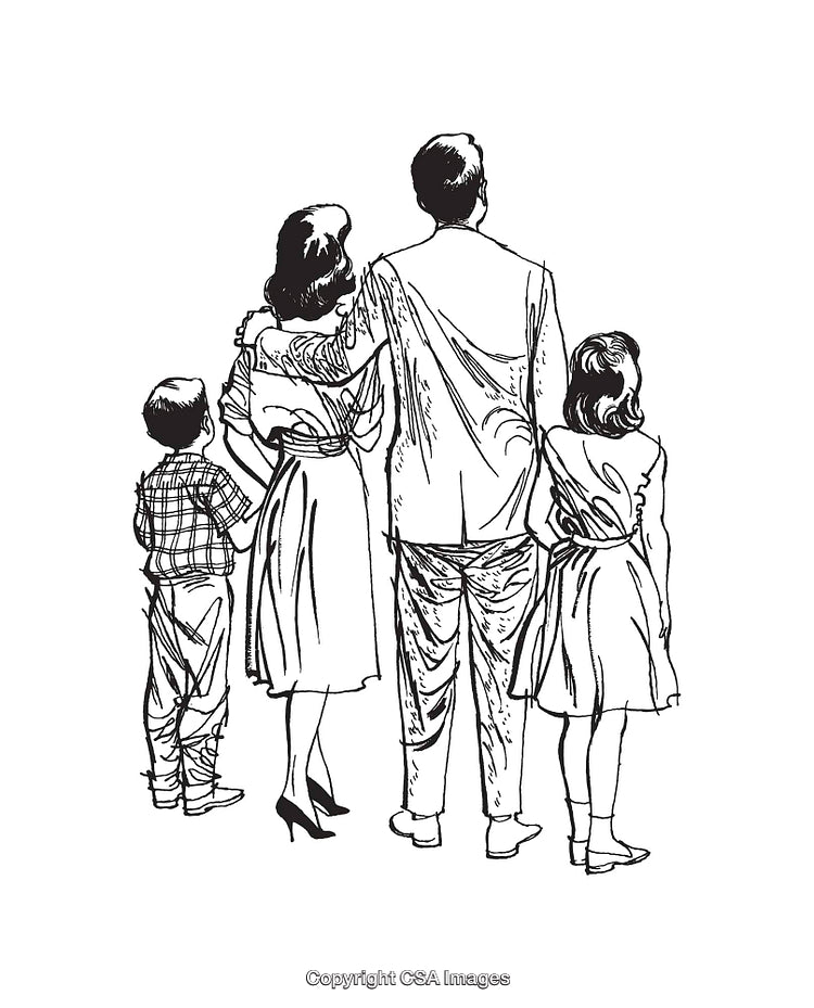 Retro Line Art Family Illustration Back View, Mother, Father, Children