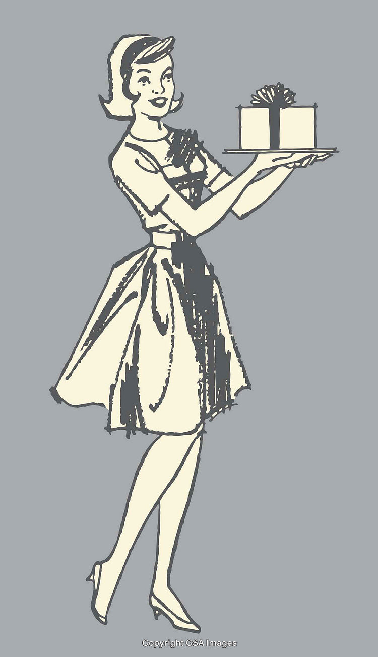 Vintage Illustration of a Woman Holding a Wrapped Gift on a Tray