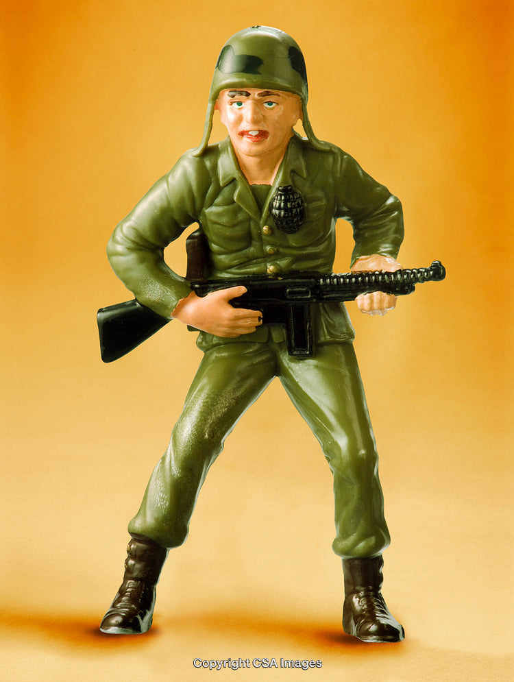 Plastic Soldier Action Figure in Olive Green Uniform Holding Weapon
