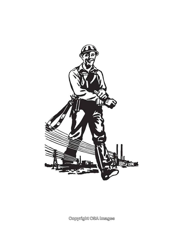 Illustration of a Smiling Worker with Industrial Landscape in Black and White