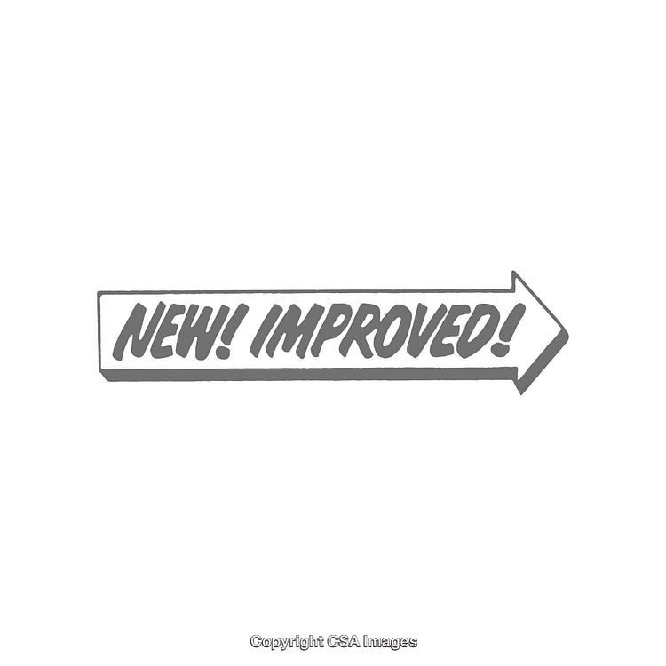 Arrow Shaped Label Design With Text 'New! Improved!' Highlighting Change