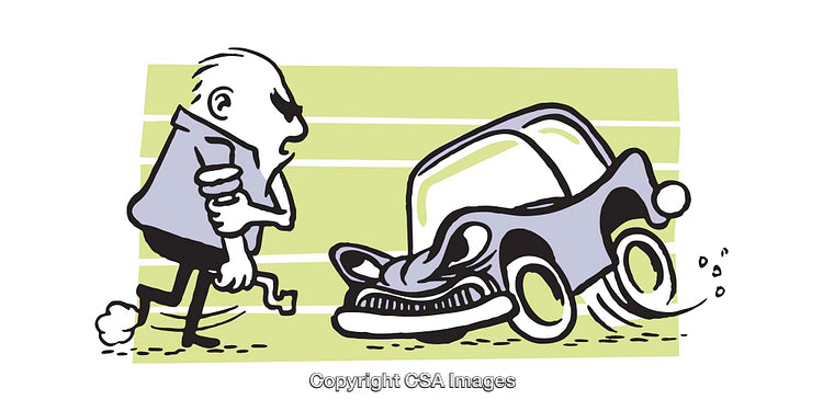 Cartoon Illustration of a Broken Car and a Frustrated Character