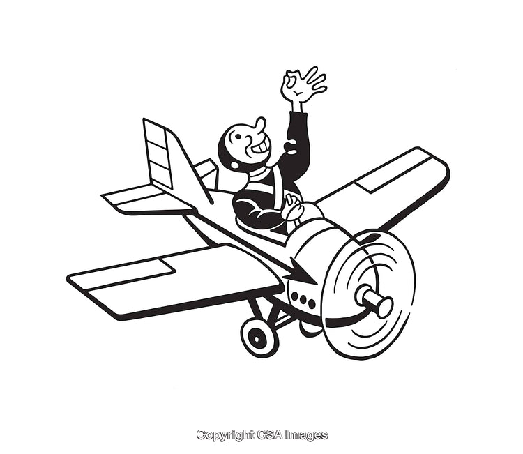 Playful Cartoon Piloted Airplane Black and White Illustration