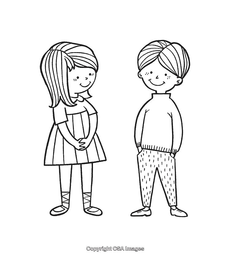 Black And White Illustrations of a Boy and Girl in Playful Attire