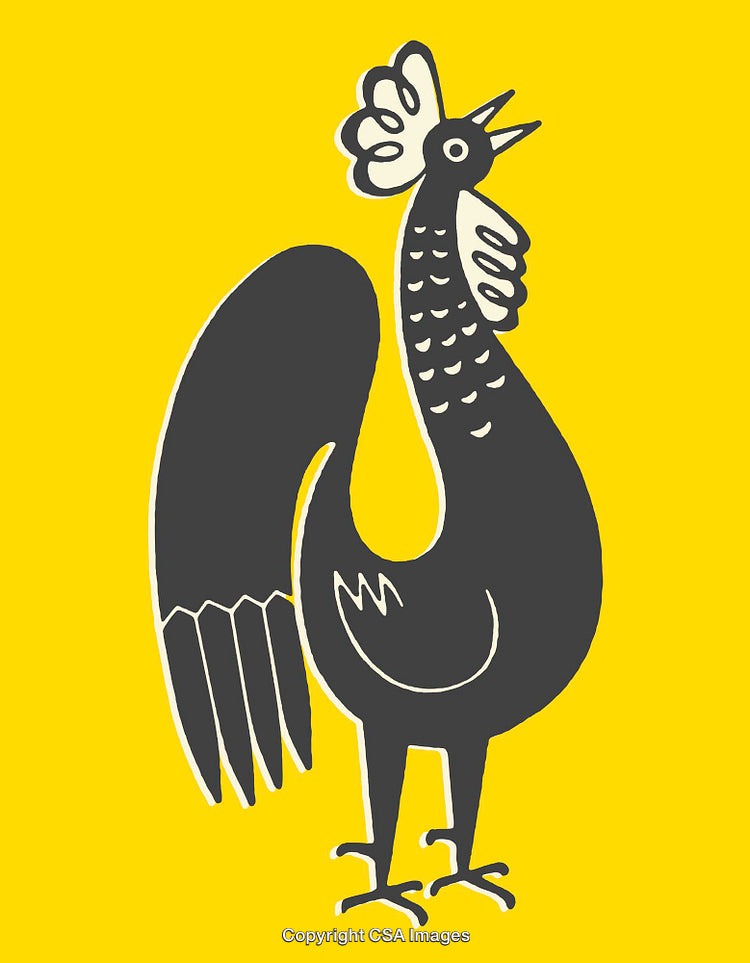 Stylized Illustration of a Rooster on a Bright Yellow Background