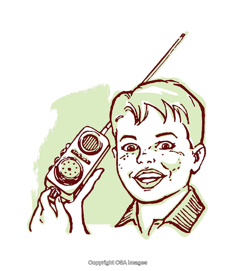 Retro Illustration of a Smiling Boy Holding a Toy Radio