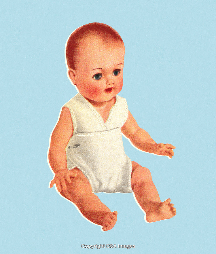 Retro Illustration of a Baby Doll in White Outfit on Blue Background