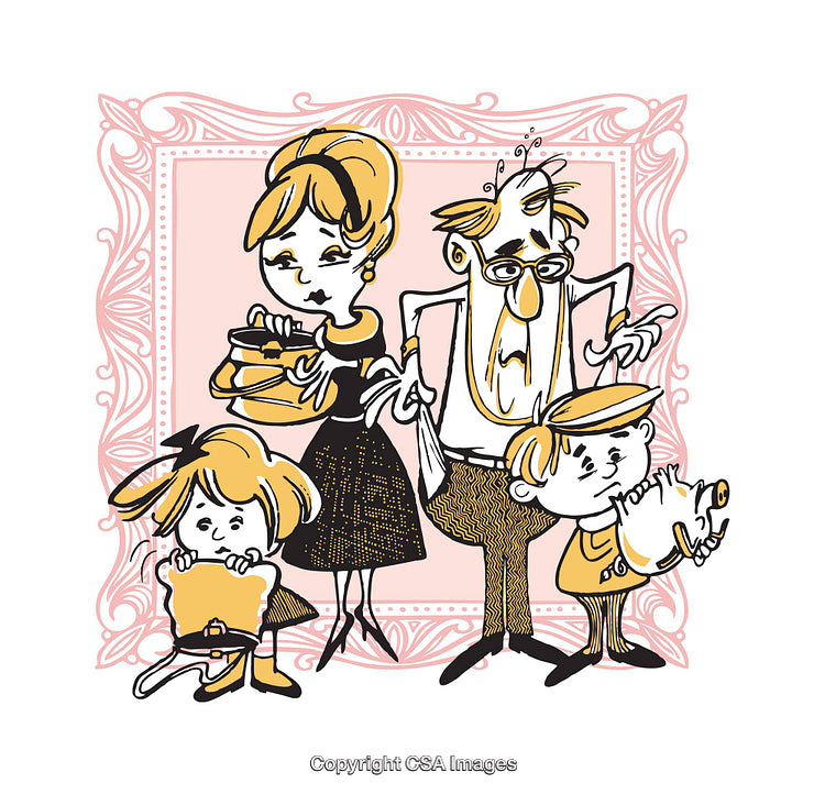 Illustrated Family in a Financially Challenged Situation with Retro Design