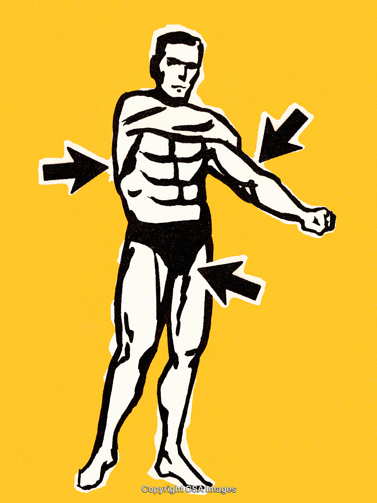 Illustration of a Muscular Human Figure with Highlighted Focus Areas