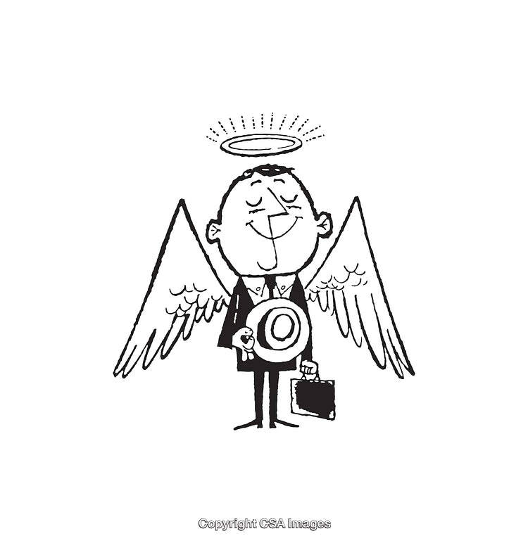 Business Angel Caricature With Wings and Halo in Black and White
