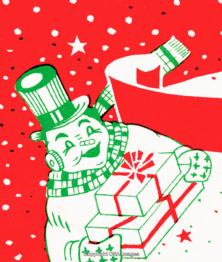 Festive Snowman Carrying Presents in a Vintage Christmas Illustration