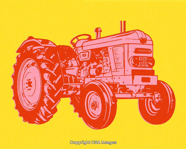 Vintage Red Tractor on Vibrant Yellow Background in Artistic Style