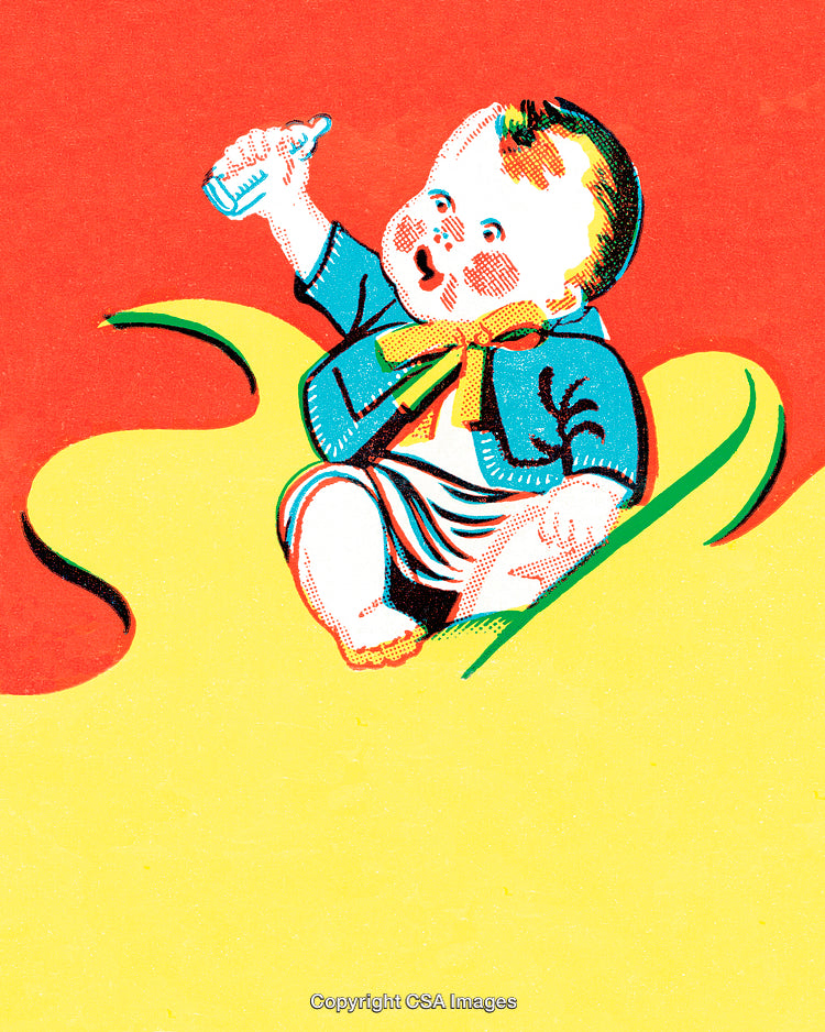 Vintage Colorful Illustration of a Baby Holding a Bottle in a Cheerful Pose