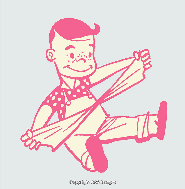 Playful Cartoon Character Pulling Elastic Material in Retro Style Drawing