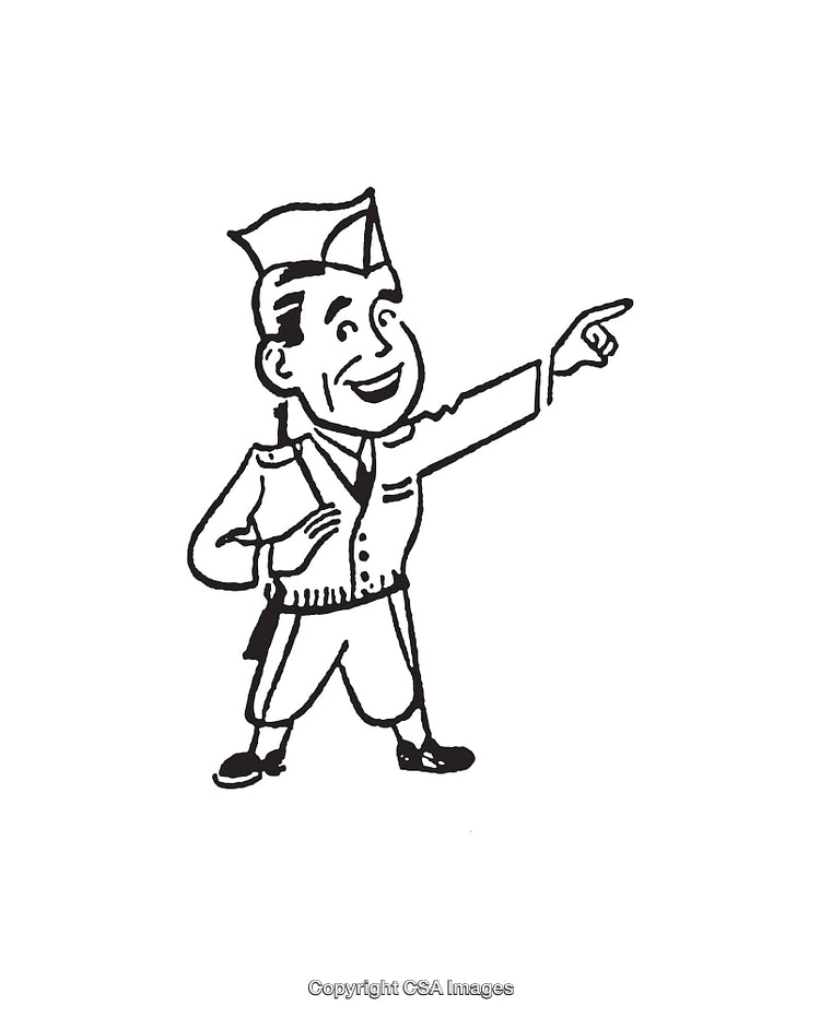 Retro Black and White Cartoon Soldier Character Line Art Illustration