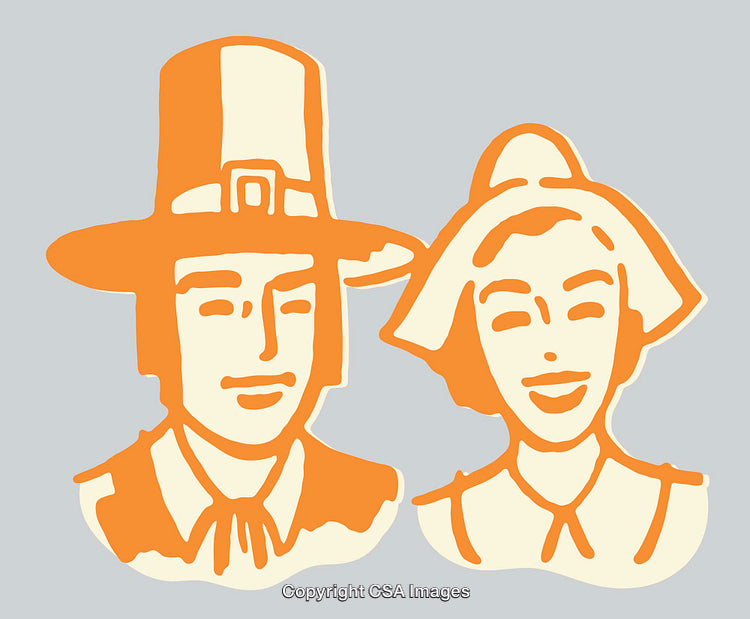 Color Illustration of Pilgrims Depicting Thanksgiving Traditions in Line Art Style