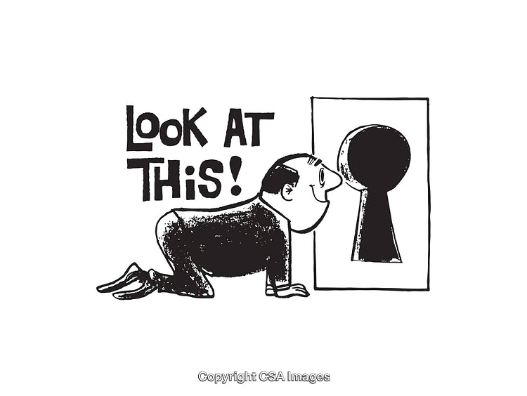Man Peeking Through Keyhole Illustration with Look At This Text