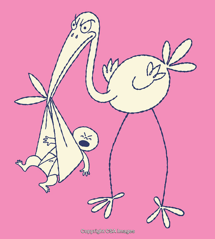 Humorous Illustration of a Stork Carrying a Crying Baby in Line Art Style