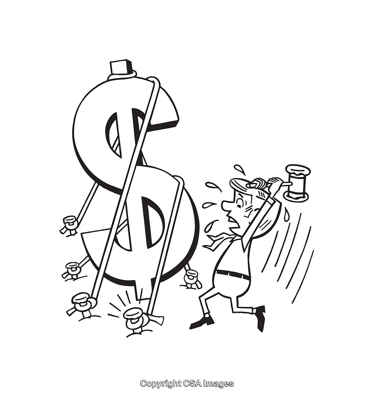 Cartoon Illustration of Man Struggling with Financial Challenges and Money Drain