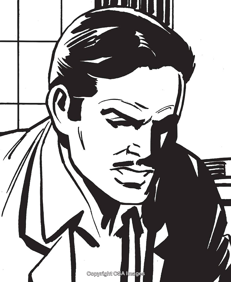 Monochromatic Illustration of a Thoughtful Man in Formal Attire Against a Styled Background