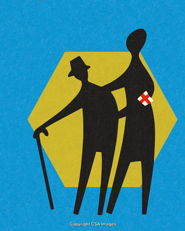 Silhouette of Helper Offering Support to Elderly Gentleman with Walking Cane